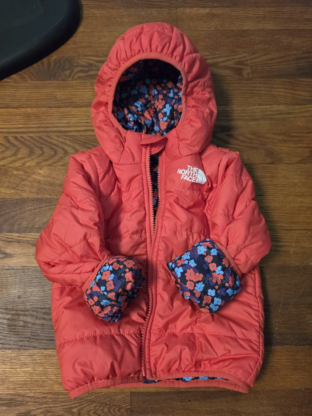 The North Face Floral Red & Blue Hooded Puffer Jacket